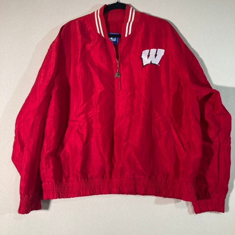 VTG Starter‎ Jacket Wisconsin Badgers XL Red Nylon Pullover 1/4 Zip Made in USA